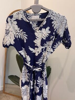 Part Two Navy Floral Wrap Midi Dress with Self Tie